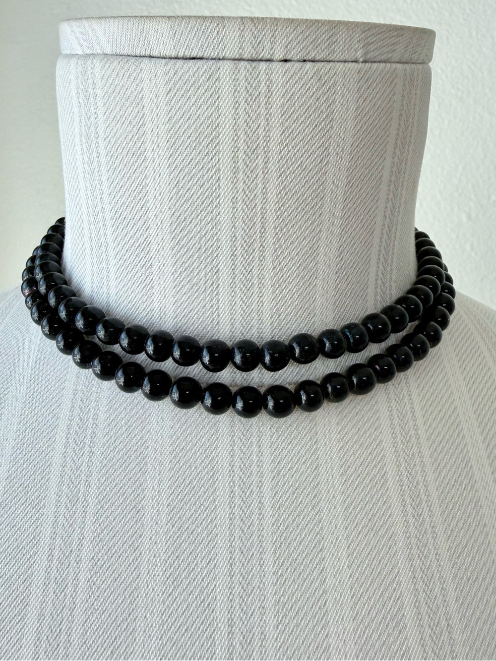 VTG 1950s Double Strand Black Glass Bead Choker Necklace-Silver Tone Hook Clasp